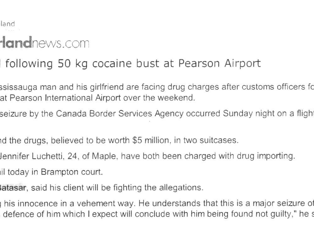Criminal Charge Importing 50KG of Cocaine